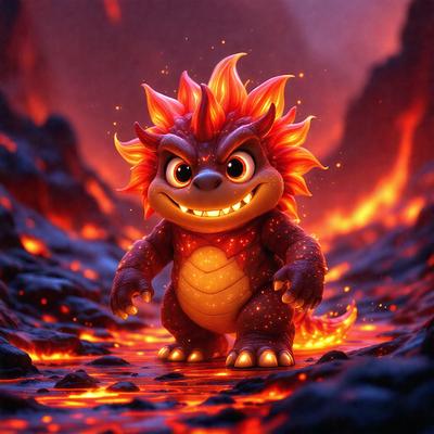 The primary subject of the image is a small, colorful, and angry-looking dragon. It is standing on a path of fire, which adds to the dramatic and intense atmosphere of the scene. The visual style of the image is digital art, with the dragon being the main focus of the composition. The colors and mood of the image are vibrant and intense, with the dragon's fiery appearance and the path of fire creating a sense of danger and excitement.